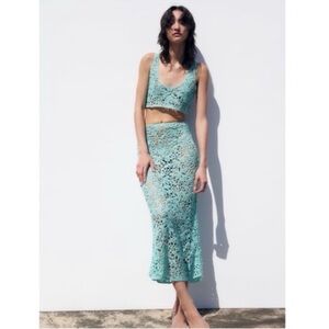 NWT Zara turquoise Crochet maxi skirt and crop top set size S. Blogger Fave!
